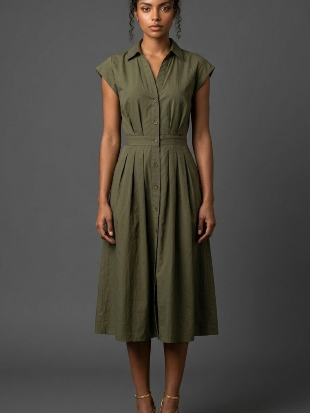 Tommy Hilfiger Olive Green Button-Front Midi Dress.light Denim Fabric Size 6